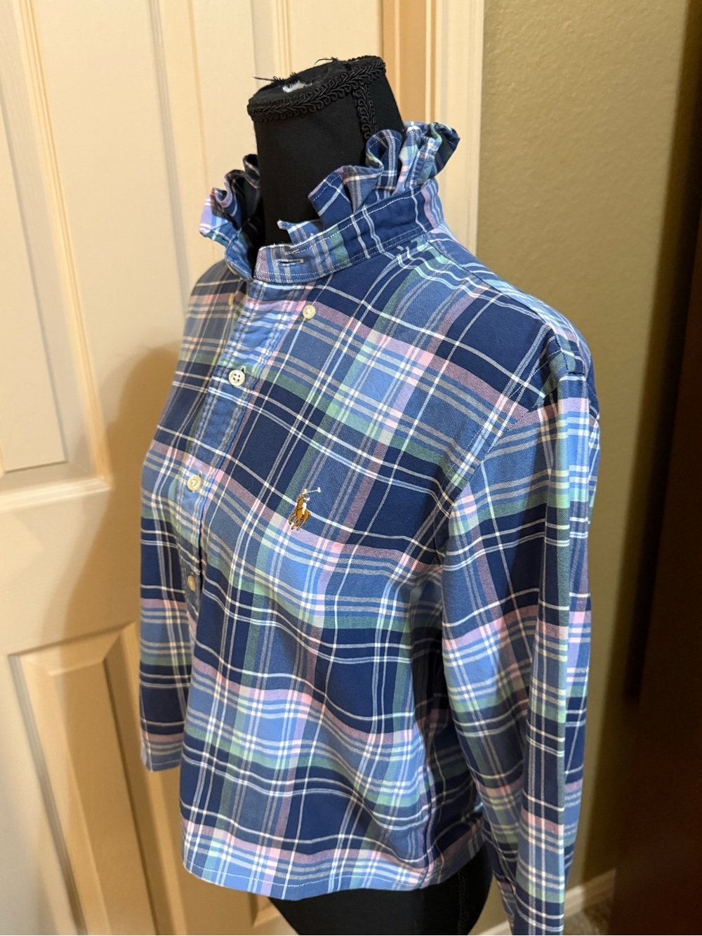 Upcycled Mens Ralph Lauren Navy Plaid Button-Down Shirt with Pastel Accents - Picture 4 of 8